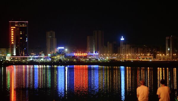 Ночная подсветка Национального культурного центра Казань на набережной. Архивное фото