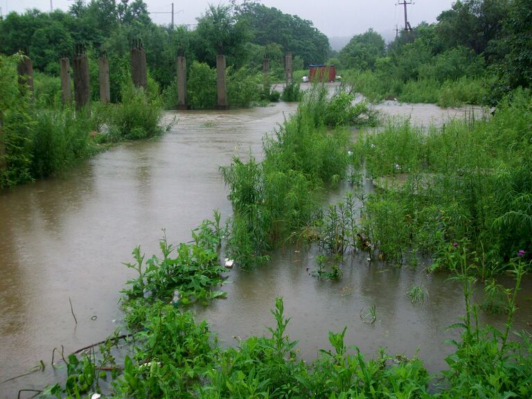 Разлив реки Богатов после аварийного сброса вода из водохранилища во Владивостоке