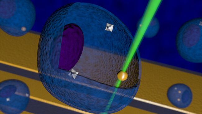 Так художник представил себе нанотермометр из наноалмаза, работающий внутри клетки