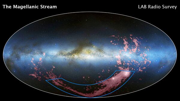 Магелланов поток, протягивающийся между галактиками-спутниками Млечного пути, показан розовым