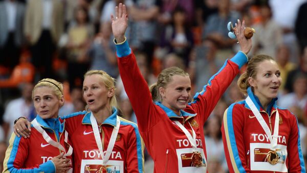 Российские спортсменки Антонина Кривошапка, Юлия Гущина, Ксения Рыжова и Татьяна Фирова (слева направо)