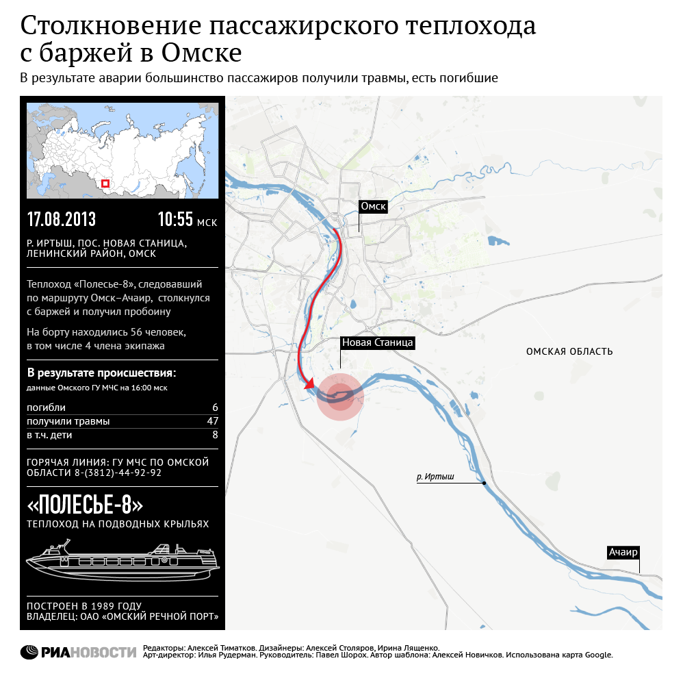 Столкновение пассажирского теплохода с баржей в Омске