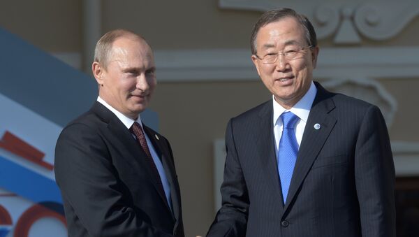 Президент России Владимир Путин и Генеральный секретарь ООН Пан Ги Мун