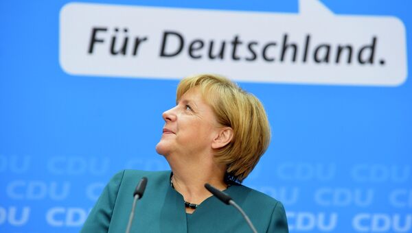 Ангела Меркель после победы коалиции ХДС/ХСС на выборах в бундестаг