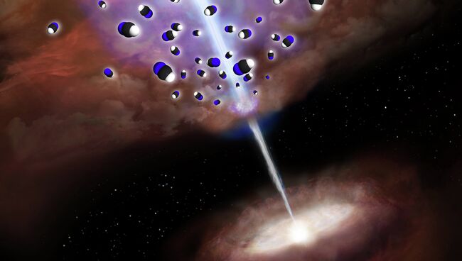 Художественное изображение центра галактики NGC 1097: джет черной дыры нагревает окружающий ее газ и в нем образуется синильная кислота