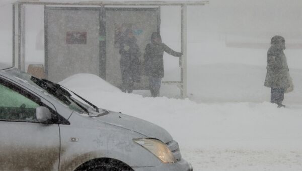 Люди ждут автобуса на автобусной остановке во время снежного циклона. Архивное фото