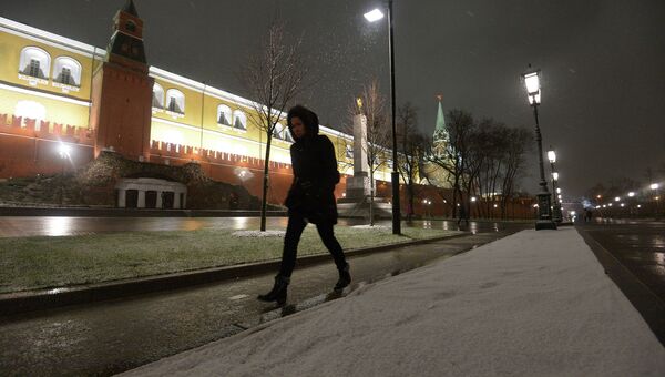 Вид на Московский Кремль во время снегопада