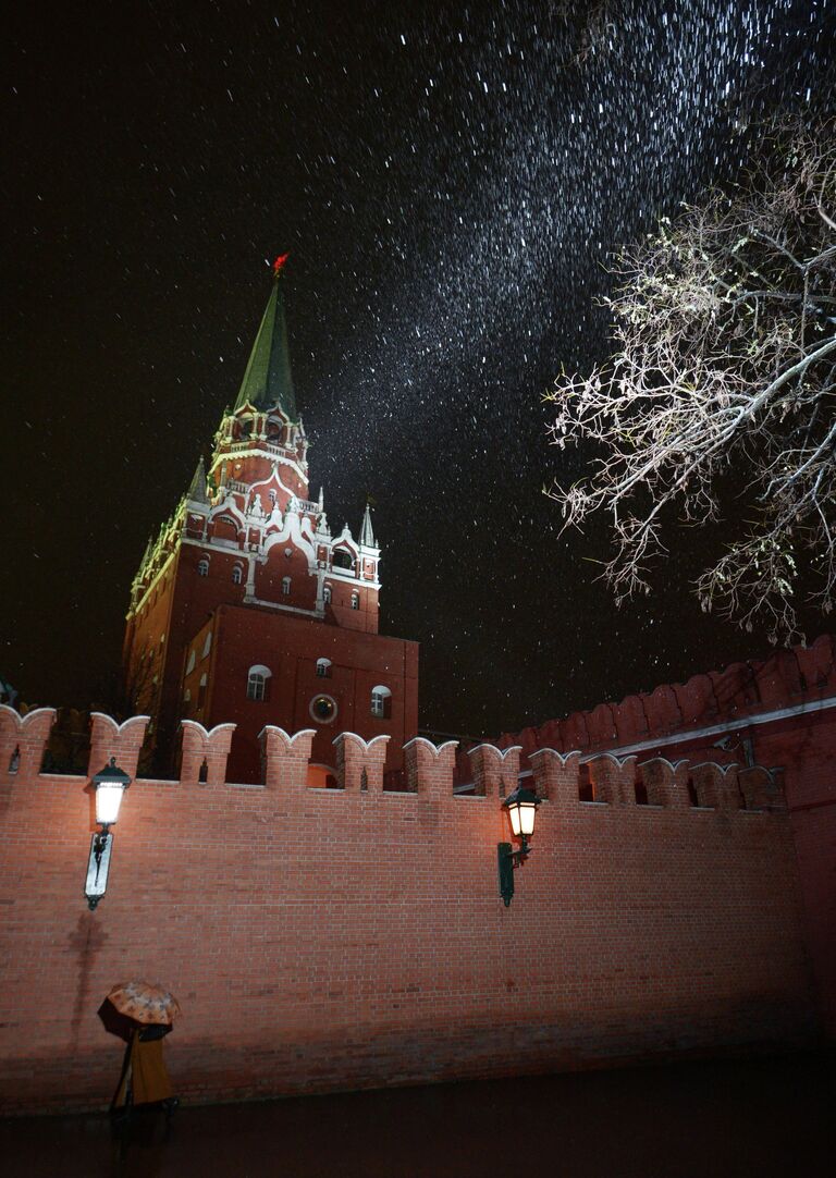 Вид на Московский Кремль во время снегопада