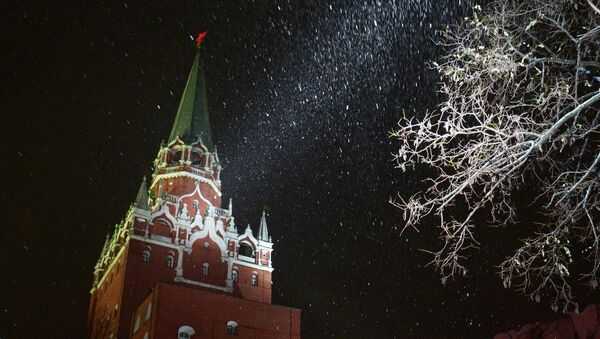 Вид на Московский Кремль во время снегопада. Архивное фото