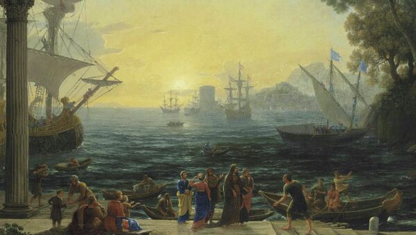 Клод Лоррен Средиземноморский порт на восходе солнца и погрузка святой Паулы на корабль перед отплытием в Иерусалим (1650)