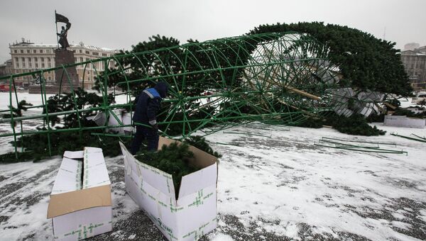 Упавший во Владивостоке каркас новогодней елки. Фото с места события.