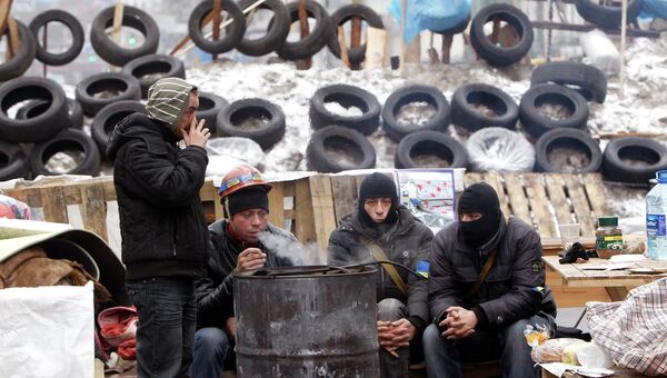 Протестующие греются у костра возле баррикад в центре Киева. 16 декабря 2013