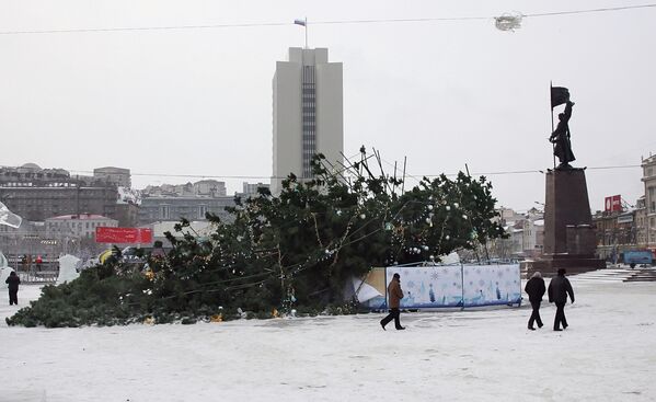 30 декабря 2009 года: впервые в истории Владивостока новогодняя елка, установленная на центральной площади, упала. Официальное расследование происшествия признало виновником штормовой ветер. Подрядчик, не учевший ветровые нагрузки и не закрепивший конструкцию как следует, отделался легким испугом.