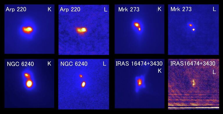 Инфракрасные снимки галактик, на которых видны признаки присутствия сверхмассивных черных дыр, в частности, выбросы вещества Инфракрасные снимки галактик, на которых видны признаки присутствия сверхмассивных черных дыр, в частности, выбросы вещества