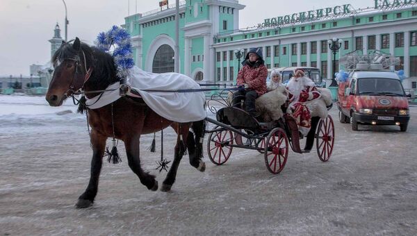 Лошадь везет в повозке Снегурочку и Деда Мороза в Новосибирске