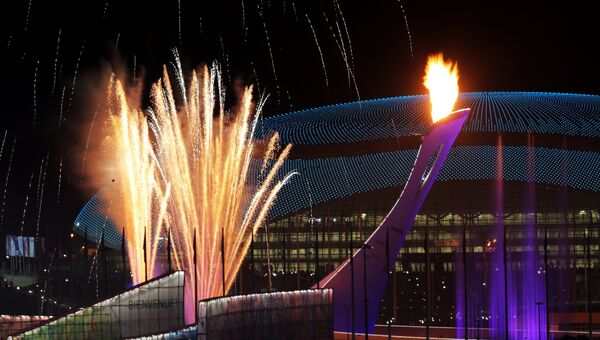 Зажжение чаши Олимпийского огня на Медальной площади во время церемонии открытия XXII зимних Олимпийских игр. Фото с места события