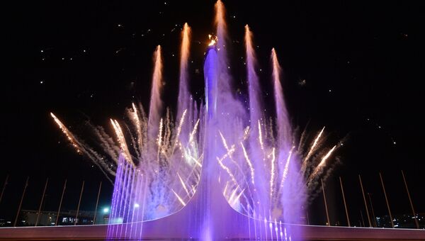 Зажжение чаши Олимпийского огня на Медальной площади во время церемонии открытия XXII зимних Олимпийских игр.