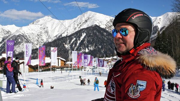 Председатель правительства России Дмитрий Медведев на территории Главной горной деревни ХХII зимних Олимпийских игр в Красной поляне.