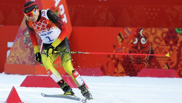 Эрик Френцель (Германия) на дистанции индивидуальной гонки в соревнованиях по лыжному двоеборью на ХХII зимних Олимпийских играх в Сочи