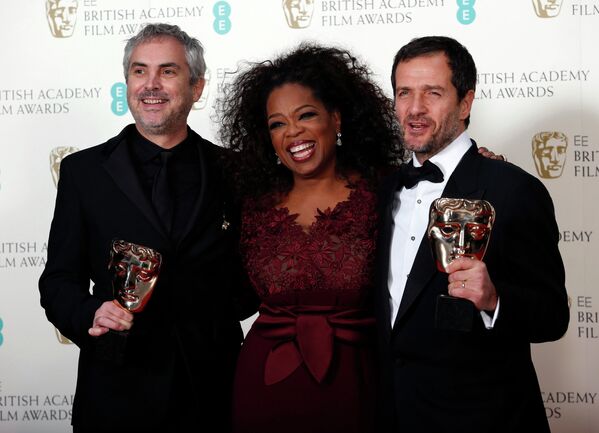 Альфонсо Куарон, Опра Уинфри и Дэвид Хейман на церемонии вручения премии BAFTA