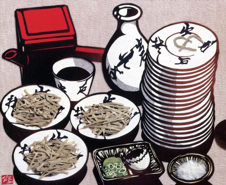 Сю Кубо. Гречневая лапша на тарелках. 1994 год