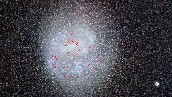 Галактика Большое Магелланово облако. Стрелками показано расчетное движение звезд  на ближайшие 7 миллионов лет
