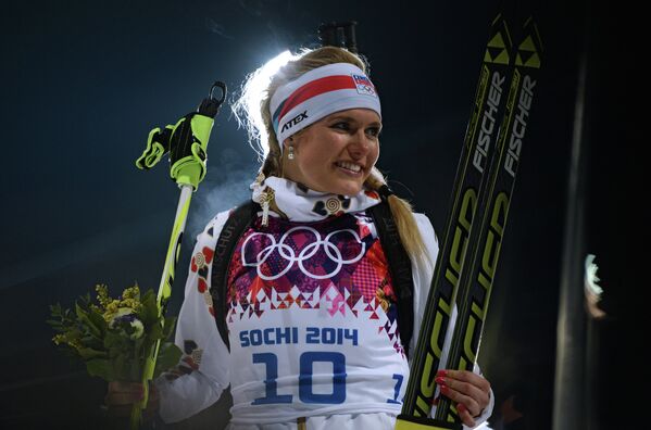 Габриэла Соукалова (Чехия), завоевавшая серебряную медаль в масс-старте на соревнованиях по биатлону среди женщин