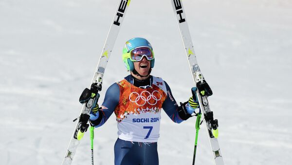 Тед Лигети (США) на финише гигантского слалома во второй попытке на соревнованиях по горнолыжному спорту среди мужчин на XXII зимних Олимпийских играх в Сочи.