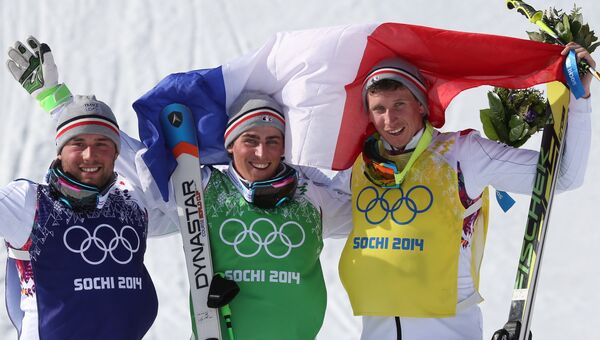 Призеры ски-кросса среди мужчин в соревнованиях по фристайлу на XXII зимних Олимпийских играх в Сочи