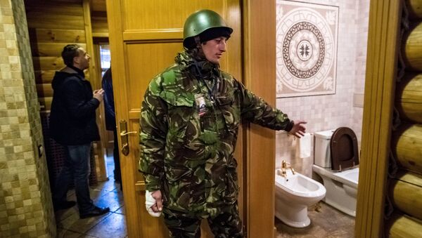 Сторонники оппозиции во внутренних помещениях оставленной резиденции президента Украины Виктора Януковича Межигорье, архивное фото