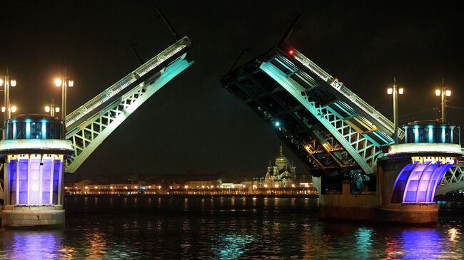 Разведенный Благовещенский мост в Санкт-Петербурге.