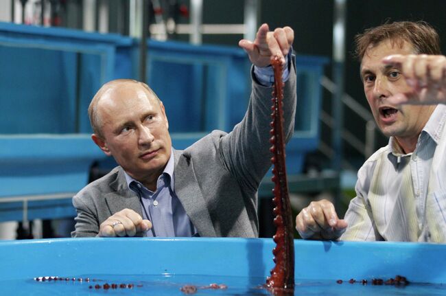 Президент России Владимир Путин (слева) во время посещения научно-образовательного комплекса Приморский океанариум