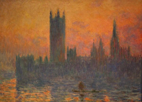 Картина Клода Моне «Здание парламента в Лондоне на закате», 1903 года. Написана в номере отеля «Савой»
