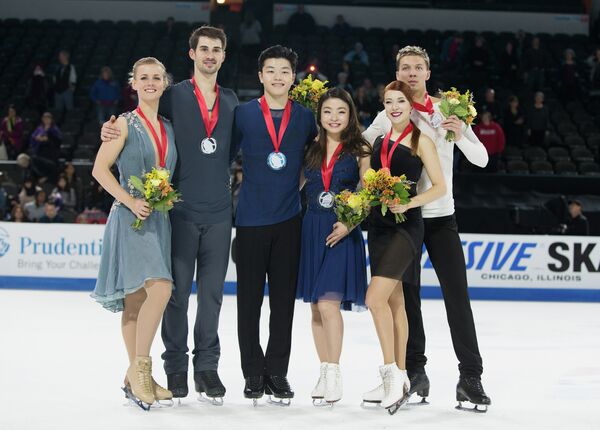 Мэдисон Хаббелл и Захари Донохью, Алекс Шибутани и Майя Шибутани, Екатерина Боброва и Дмитрий Соловьев (слева направо)