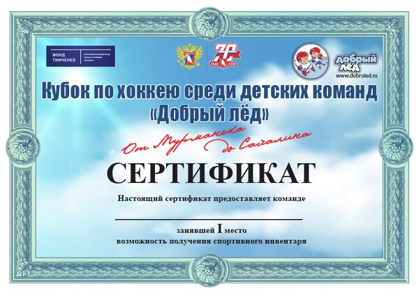 Сертификат, выданный победителю детского хоккейного турнира Кубок Добрый лед