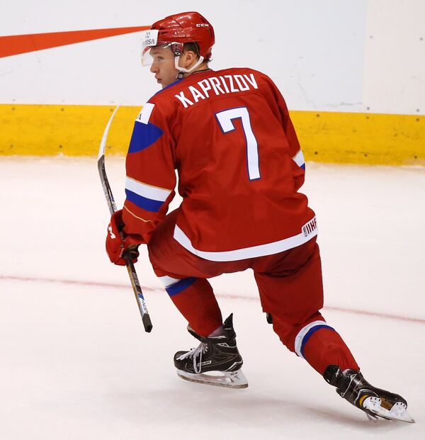 Нападающий сборной России Кирилл Капризов радуется заброшенной шайбе