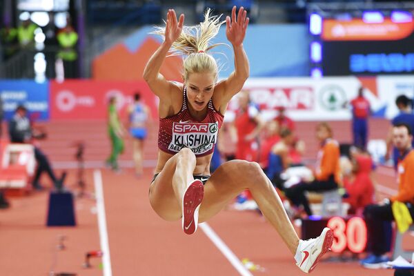 Дарья Клишина, единственная представительница России на чемпионате Европы по легкой атлетике в помещении, который проходит в Белграде, во время квалификации соревнований по прыжкам в длину