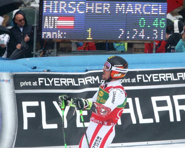 Австрийский горнолыжник Марсель Хиршер после победы в гигантском слаломе на этапе Кубка мира в Краньска-Горе (Словения)
