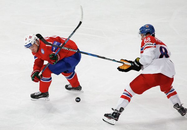 Игровой момент матча группового этапа чемпионата мира по хоккею-2017 между сборными Норвегии и Чехии