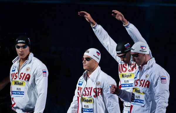 Спортсмены сборной России Никита Королев, Владимир Морозов, Никита Лобинцев и Данила Изотов (слева направо)