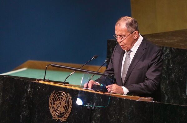 Министр иностранных дел России Сергей Лавров выступает на Генеральной Ассамблее ООН