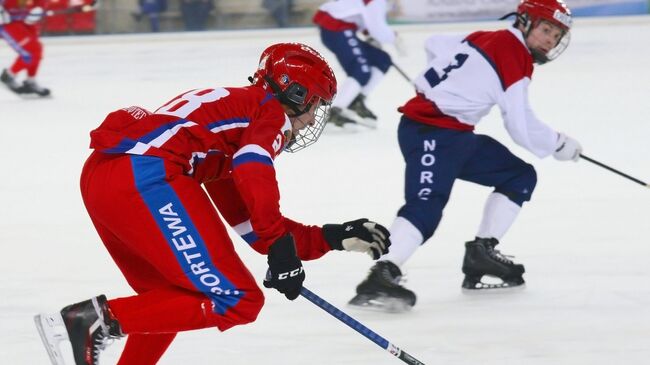 Игрок сборной России по хоккею с мячом Владимир Каланчин (слева)