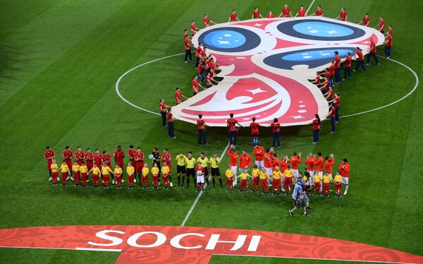 Игроки на поле перед началом матча Португалия - Испания