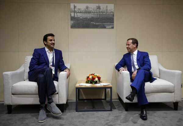 Эмир государства Катар шейх Тамим бен Хамад Аль Тани и председатель правительства РФ Дмитрий Медведев  во время встречи на стадионе Лужники. 1 июля 2018