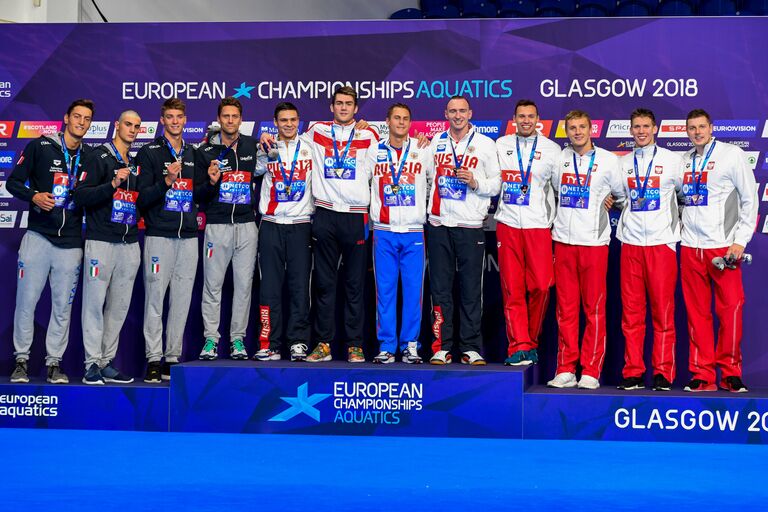 Призеры мужской эстафеты 4 по 100 метров на чемпионате Европы в Глазго