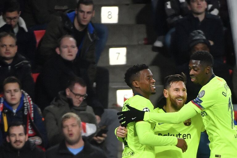 Футболисты Барселоны Нельсон Семеду, Лионель Месси и Усман Дембеле (слева направо)