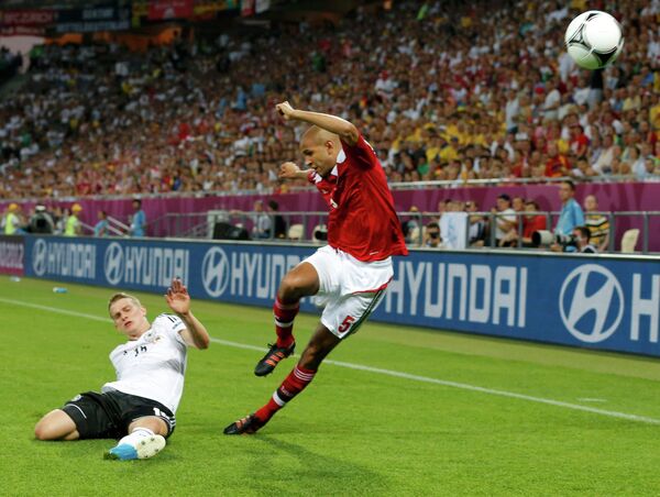 Игровой момент матча Дания - Германия