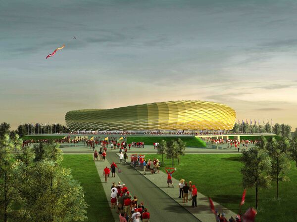 Макет стадиона Балтика в Калининграде, который будет построен к чемпионату мира по футболу 2018 года.