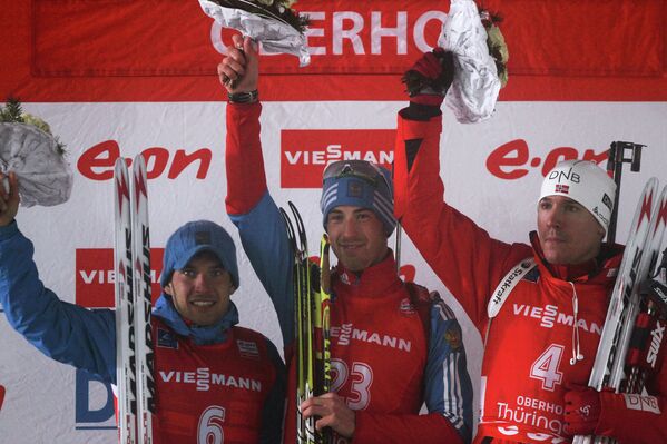 Слева направо: россияне Евгений Гараничев (второе место), Дмитрий Малышко (первое место) и норвежец Эмиль-Хегле Свендсен (третье место).
