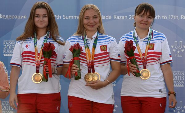 Российские спортсменки Дарья Данилина, Любовь Яскевич и Екатерина Коршунова (слева направо)